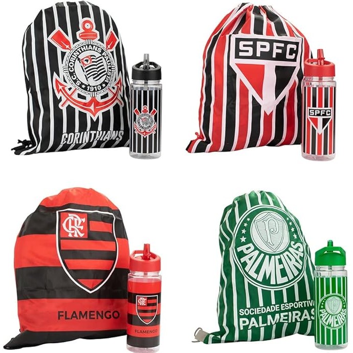 Garrafa Plástica 450ml com Mochila Flamengo Palmeiras Corinthians Torcida Futebol Oficial Licenciado