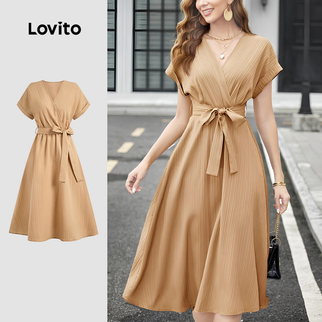 Lovito Vestido Casual Elegante Com Cadarço Primavera/verão Cáqui Para Mulheres LBL28253 em Oferta na Shopee