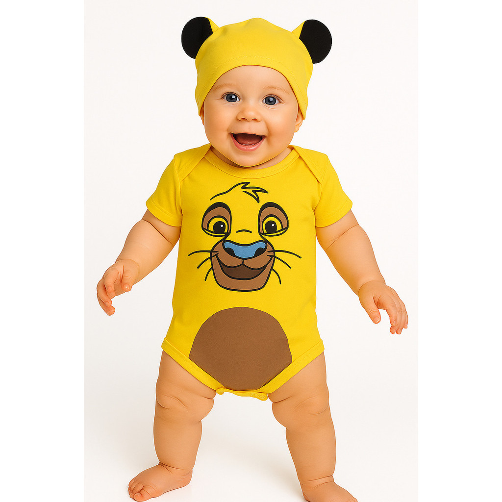 Body Bebê Simba Rei Leão Com Touca Fantasia Mesversário Fantasia