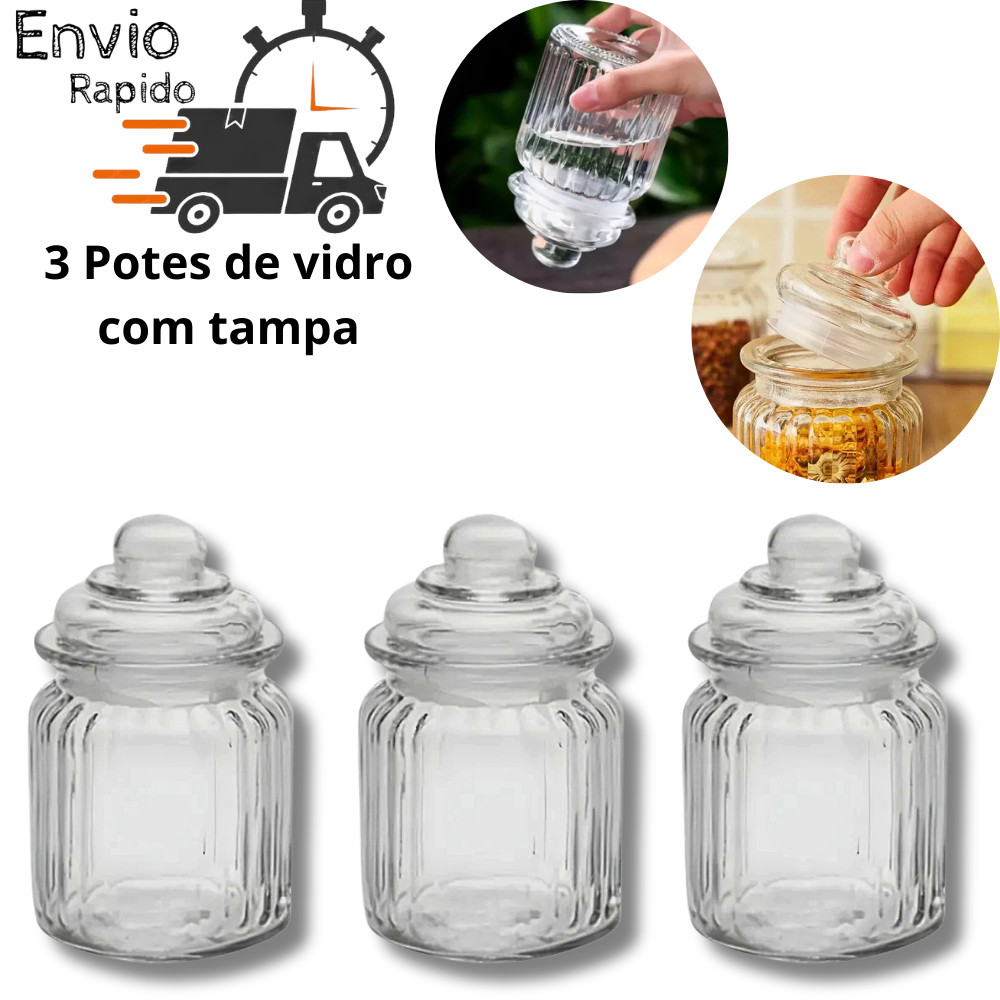 Potes hermético de vidro com tampa porta condimentos alimentos café açúcar mantimento kit 3 pote em Oferta na Shopee