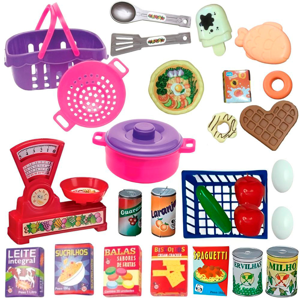 Kit Comidinha Infantil 29 Peças Educativas com Mini Cozinha, Mercadinho e Acessórios - OMG!