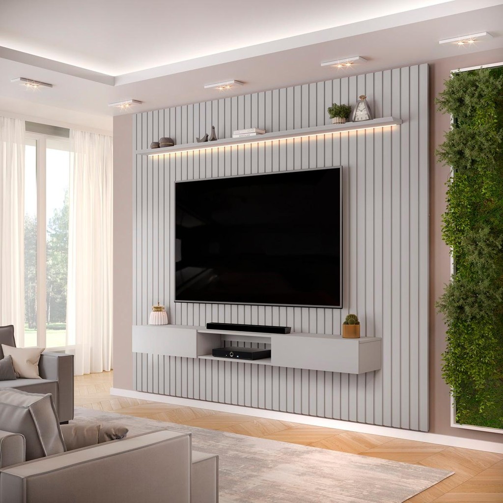 Painel com Bancada para TV até 75 Polegadas Ripado com LED DJ Móveis Trento 275 Bali
