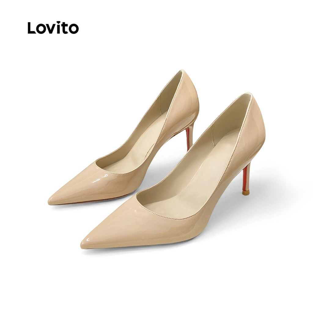 Lovito Elegante liso cor Nude preto couro envernizado Sexy simples sapatos de trabalho salto para mulheres LFA59268