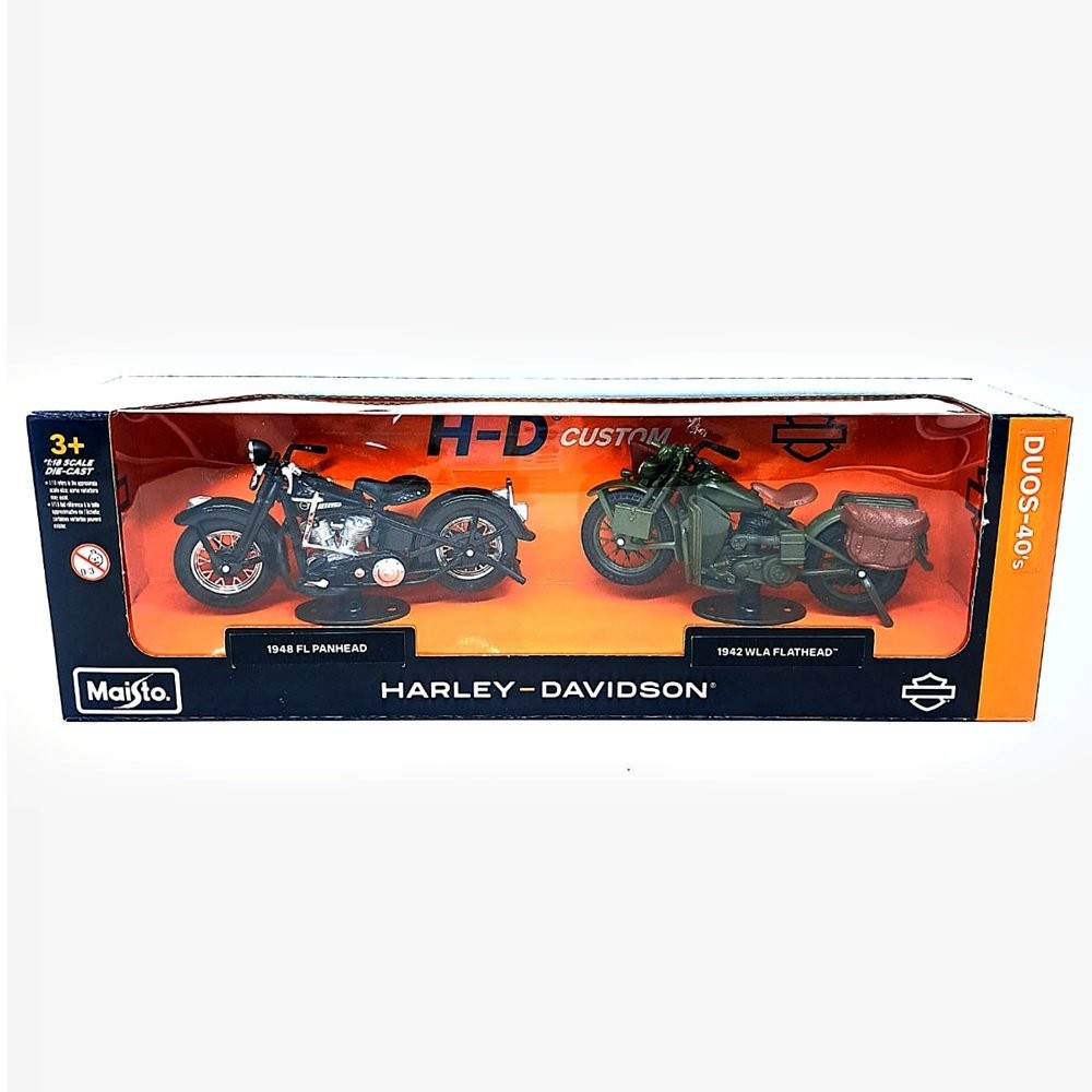 Pack c/ 2 Motos Harley Davidson - WLA Flathead (1942) / Fl Panhead (1948) - H-D Custom Duos 40's - 1:18 - Maisto
