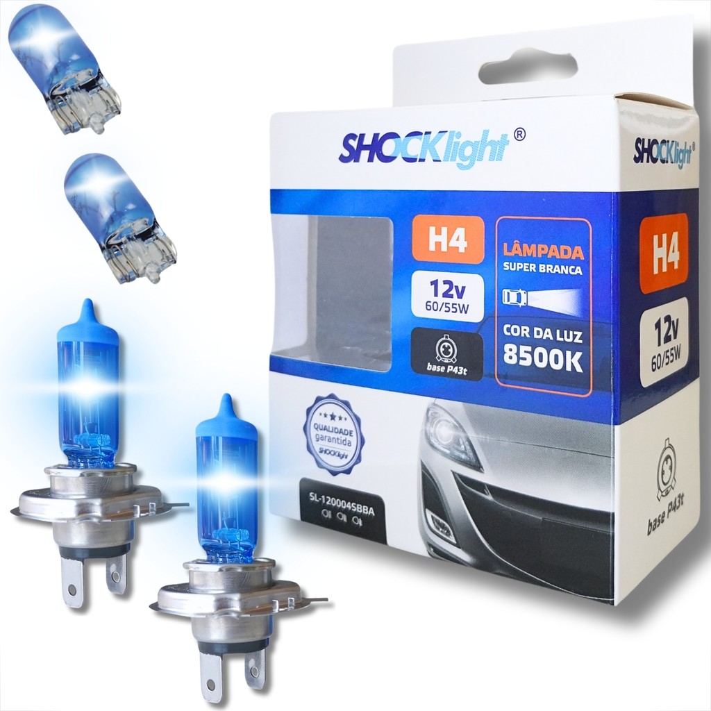 LAMPADA SUPER BRANCA H4 12V 60/55W HALOGENA 8500K FAROL + T10 SUPER BRANCA