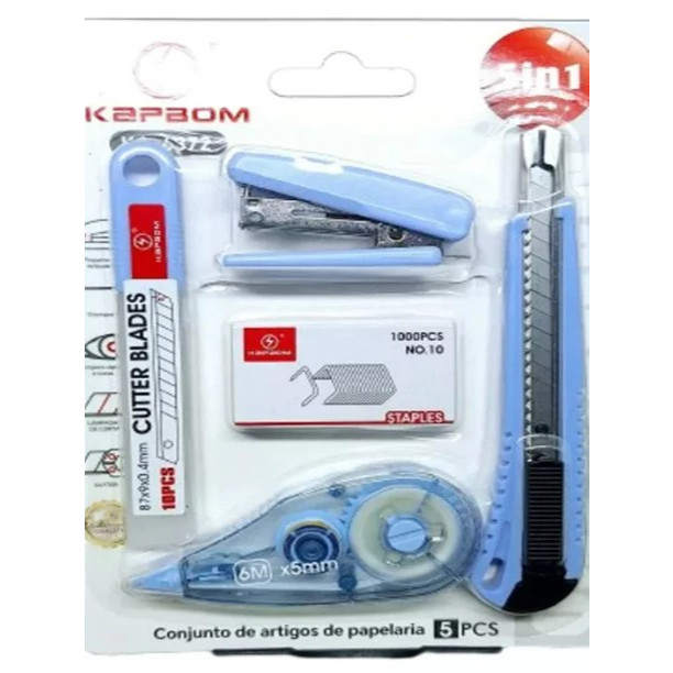 Kit Papelaria 5 Em 1 Volta Ás Aulas Inclui Cortador, Grampeador E Fita Corretiva Para Escritórios em Oferta na Shopee