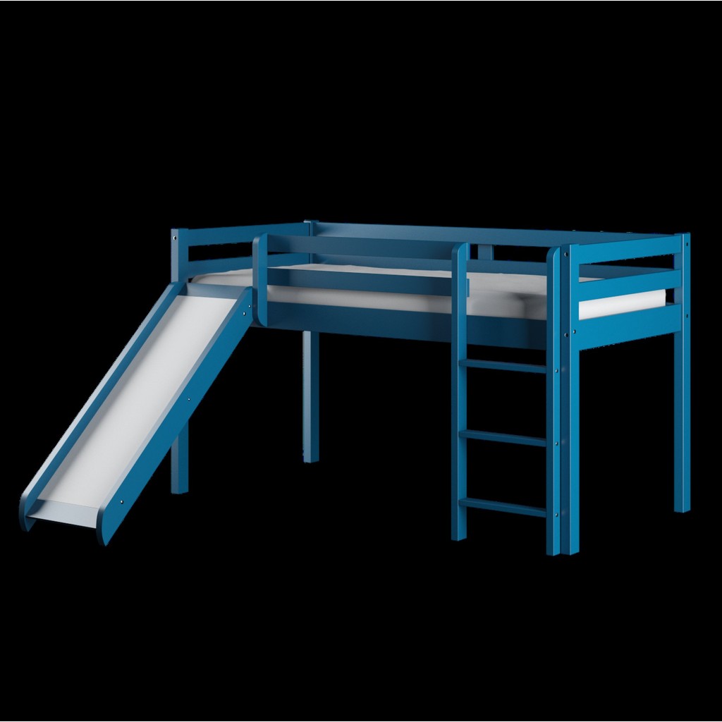 Detalhes do Cama Alta Infantil com Escorregador em Madeira Maciça/MDF Azul