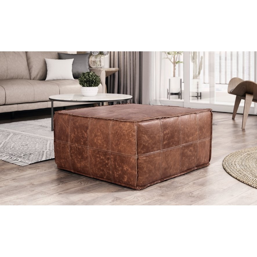 Puff de Couro Legítimo Decorativo 80x80x40 cm Bora Marrom
