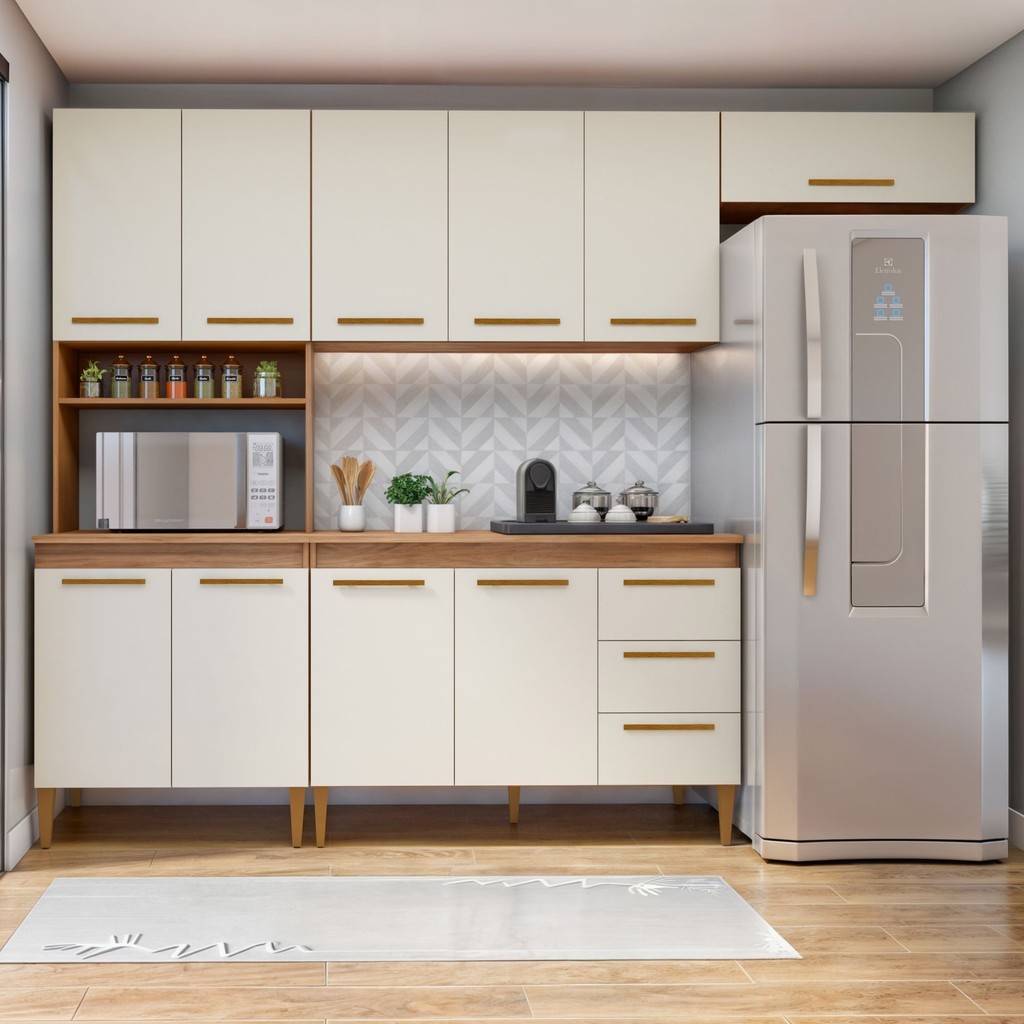 Cozinha Completa 10 Portas 3 Gavetas Atenas  Nature/Off White em Oferta na Shopee