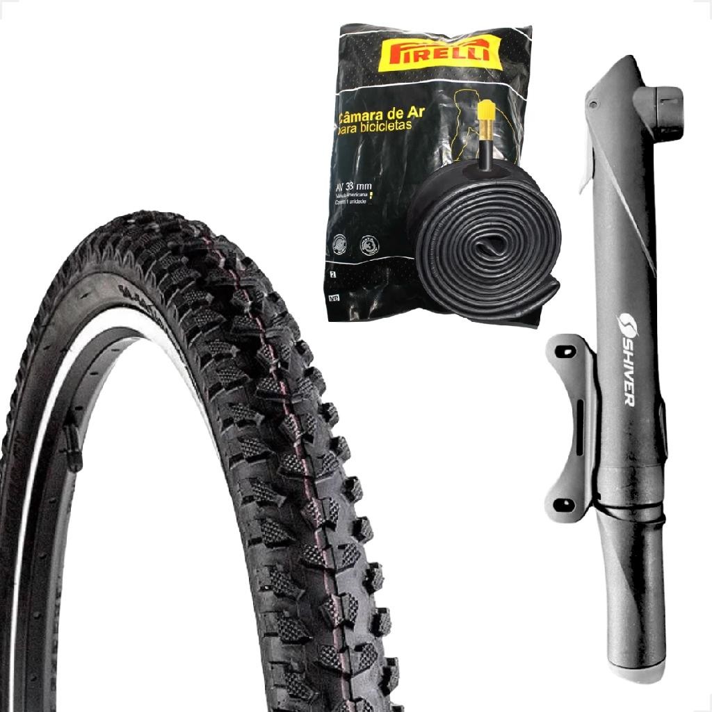  Pneu bicicleta Levorin Excess aro 26 1.95 banda leve Camara Pirelli bico grosso Mini bomba 