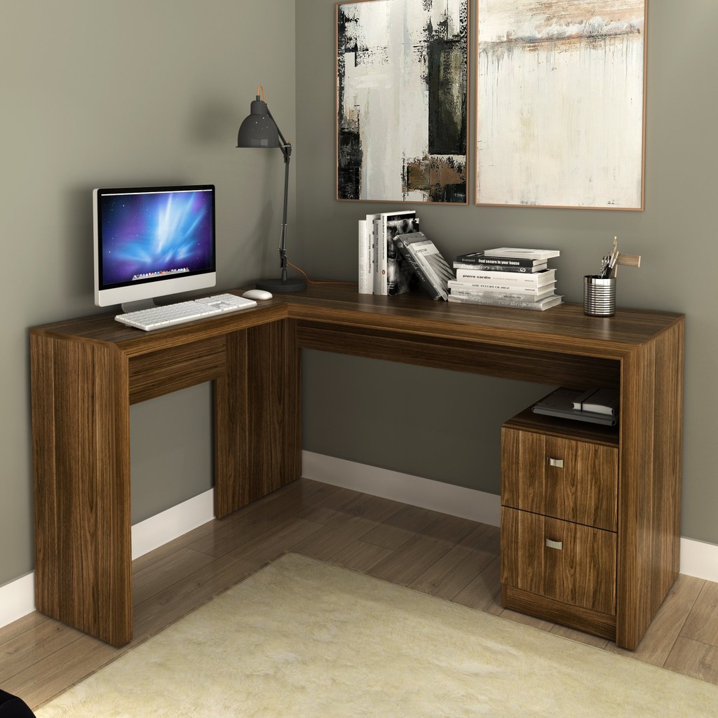 Escrivaninha Mesa Escritório 113x138,5cm em L com 2 Gavetas ME4129 Nogal em Oferta na Shopee
