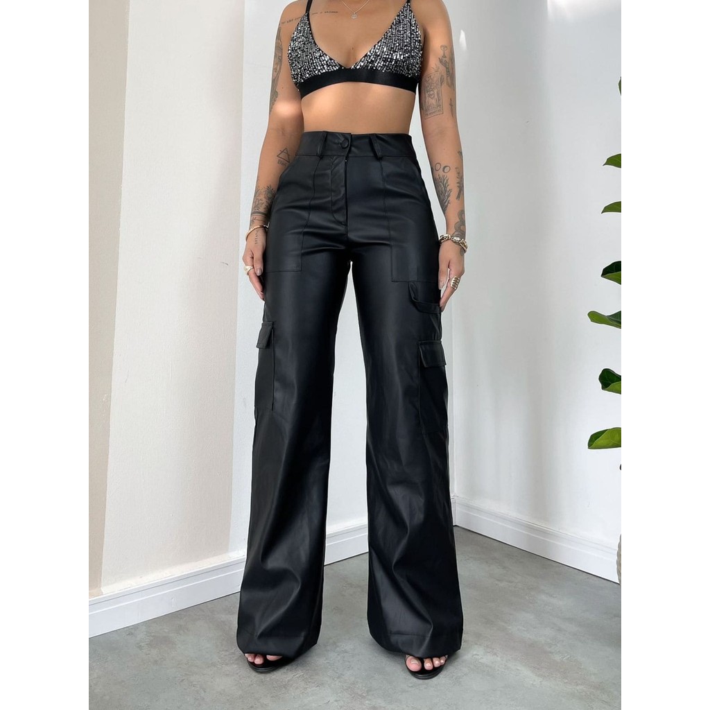 REF:8689 - Calça Feminina De Couro, Pantalona, Flare, Larga, Cintura Alta, Lisa, Reta, Com Bolsos Nas Laterais