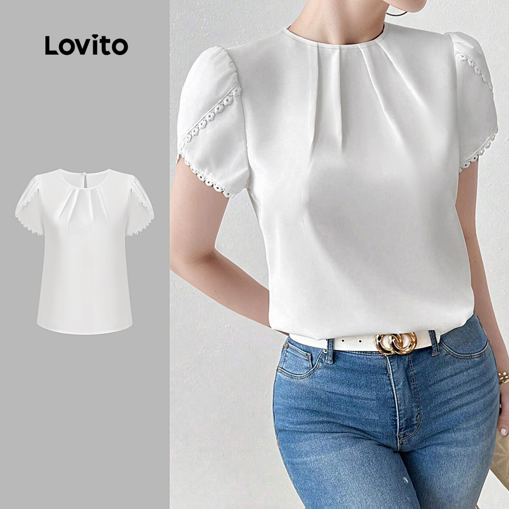 Lovito Blusa Casual De Renda Lisa Plissada Verão Primavera Branca Para Mulheres L134ED441 em Oferta na Shopee