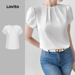 Lovito Blusa Casual De Renda Lisa Plissada Verão Primavera Branca Para Mulheres Bordado L134ED441