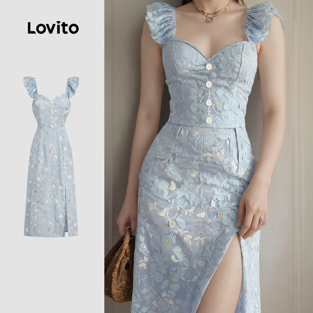 Lovito Vestido Boho com Recorte Na Frente Macio e Confortável para Primavera/verão Vestido azul L137ED778