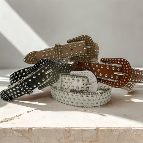 Cinto Feminino Couro PU Com Rebites Metálicos Fivela Metal Country CC-235