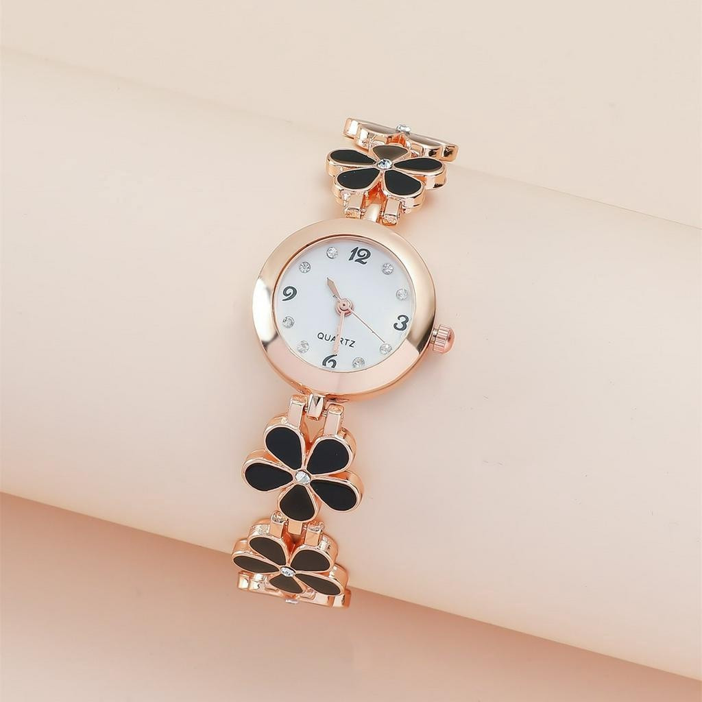 Relógio de quartzo floral feminino, elegante e simples, em branco ou preto, adequado para uso diário e para presentear