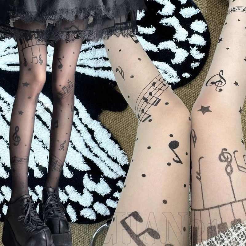 Meia-Calça Preta Com Notação Musical – Leggings Respiráveis Até A Coxa Para Meninas Picantes , Mulheres Gótico , Y2K , P