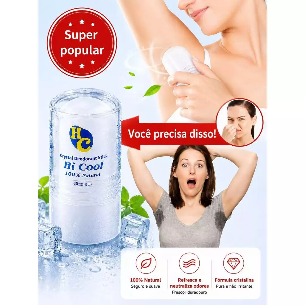 BGM-Desodorante Natural Pedra Cristal De Sal 60g Unisex Hi Cool,Anti Odor / Mau Odor / Sem Alumínio