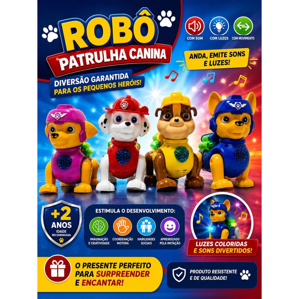 Brinquedo Divertido Patrulha Canina Com Som Luzes e Movimento Divertido