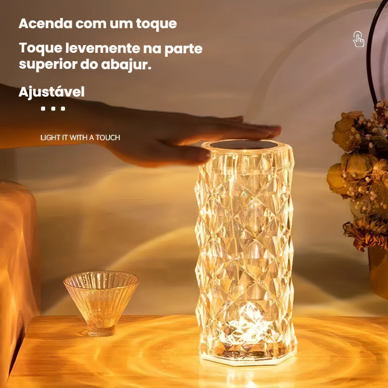 Abajur LED Cristal Recarregável USB 3 Cores Touch Luminária de Mesa Decorativa