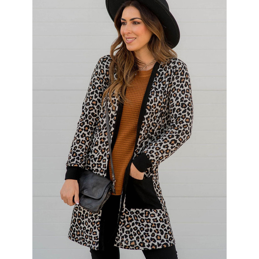 Europeu americano leopardo impressão contraste cor de manga comprida Cardigan malhas topo feminino 2026 primavera outono