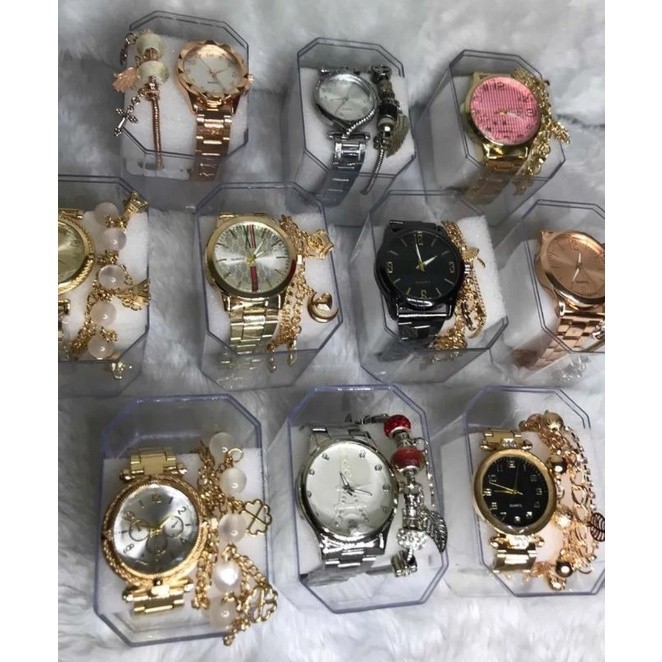 Relógios feminino kit com 10 relógios mais caixas acrílica e pulseiras revenda S-CXS
