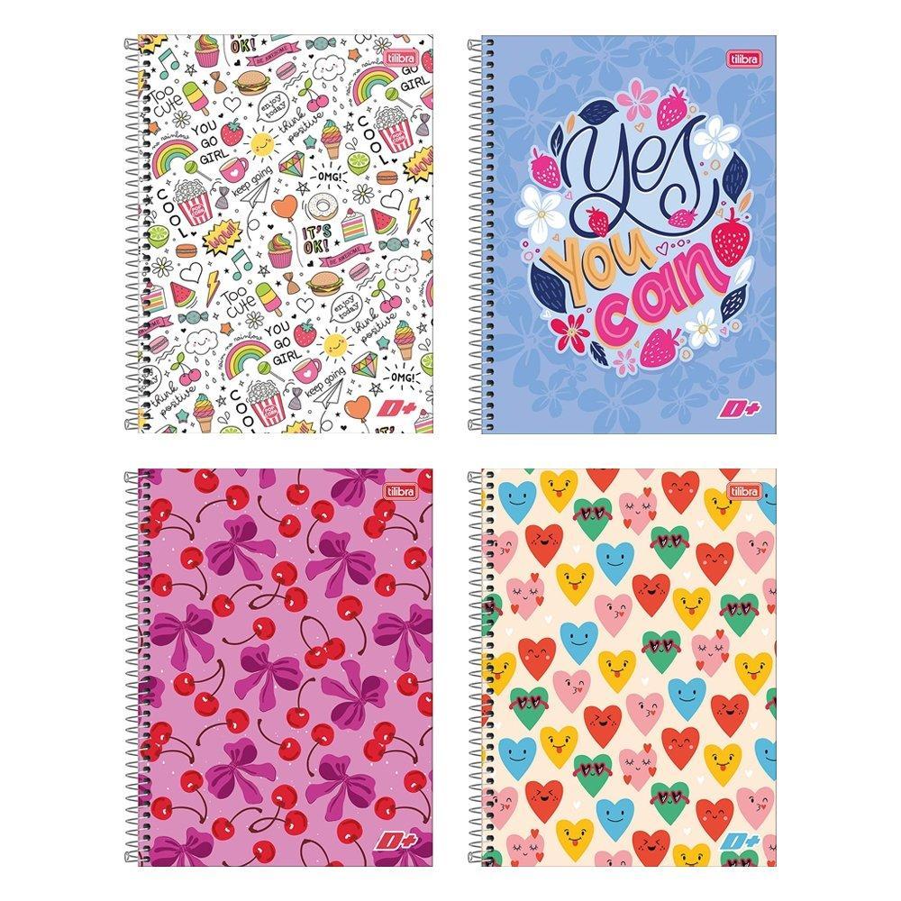 Caderno Espiral Tilibra Colegial - Capa Dura 01 Matéria D+ Feminino 96 Folhas - Embalagem com 4 Unidades