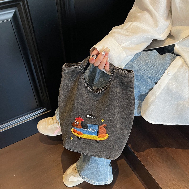 [Bolsa jeans bordada estilo japonês Dachshund Dog] Bolsa de compras ecológica retrô estilo ins | Bolsa Feminina Commuter