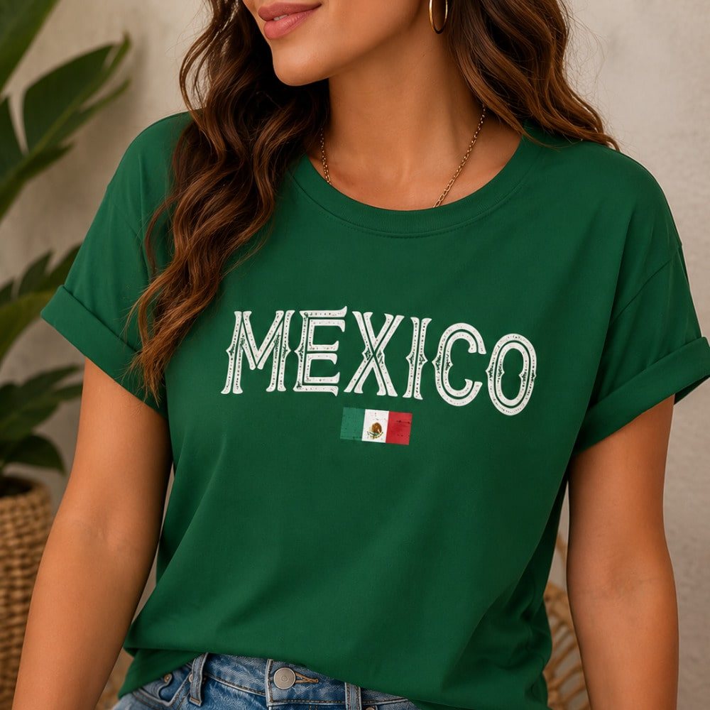Camiseta feminina casual, gola redonda, manga curta, com estampa do México, ideal para representar o México na Copa