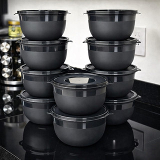 Kit 10 Bowl Preto 1300ml com Tampa Potes GL MIX - Reforçados Cozinha Alimentos e Marmitas Congelador