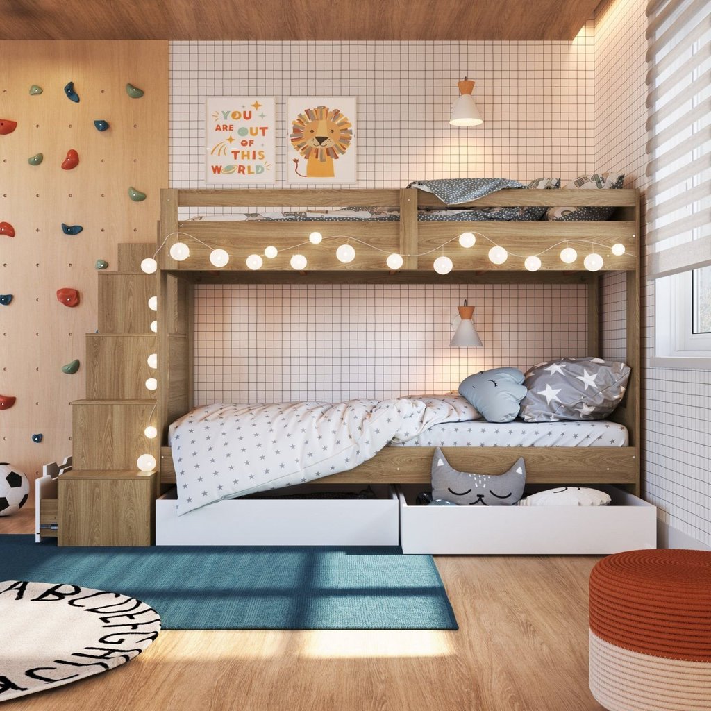 Beliche Infantil com Escada Nichos Gavetas Laterais e Gavetões Inferiores Marrom/Aveiro Oak/Branco Aveiro Oak/Branco