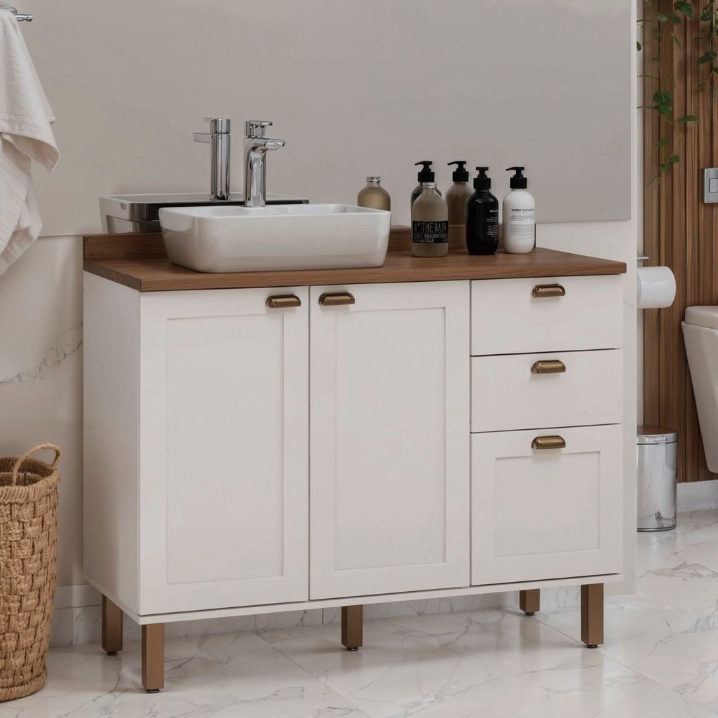Gabinete para Banheiro 100% MDF 2 Portas 3 Gavetas Modelo Americano Provençal Iluminata Branco/Ébano