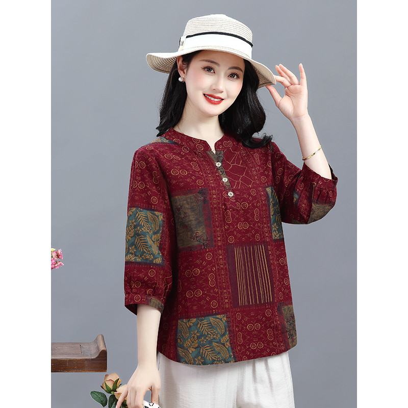 Roupas femininas idosas de meia-idade Roupas da mãe Camisa de manga média Roupas de verão Soltas Camisa de linho de algo