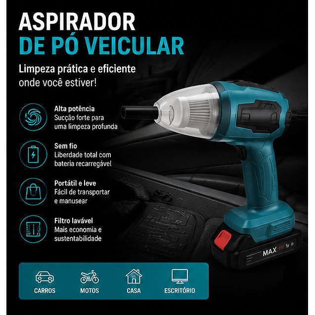 Mini Aspirador Portátil Sem Fio Turbo 2 em 1 para Carro e Casa | Alta Sucção Recarregável