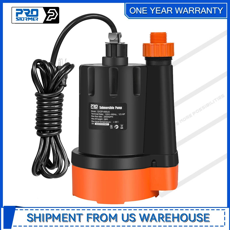 Bomba Submersível de Água 1/3HP 2500GPH, Bomba Utilitária Portátil Elétrica para Drenagem de Água Limpa em Piscinas e In