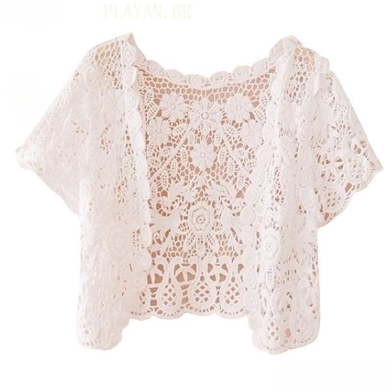 Guoguh dusur9 Bolero Feminino De Renda Encolhe Curta Crop Top Crochê Cardigã Floral
