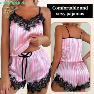 Terno De Pijama De Renda ANHENGXIN , Shorts Sem Mangas , Roupa De Dormir De Duas Peças Seda Acetinada Listrada De Verão