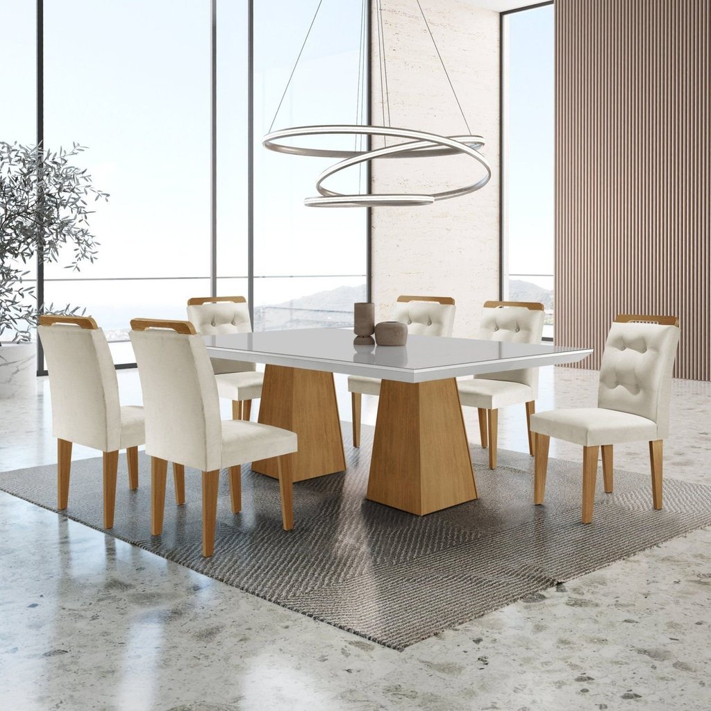 Mesa Inovare 180 Tp Mdf Vidro/canto Reto com 6 Cadeiras Valentina Creme/Off White/Imbuia