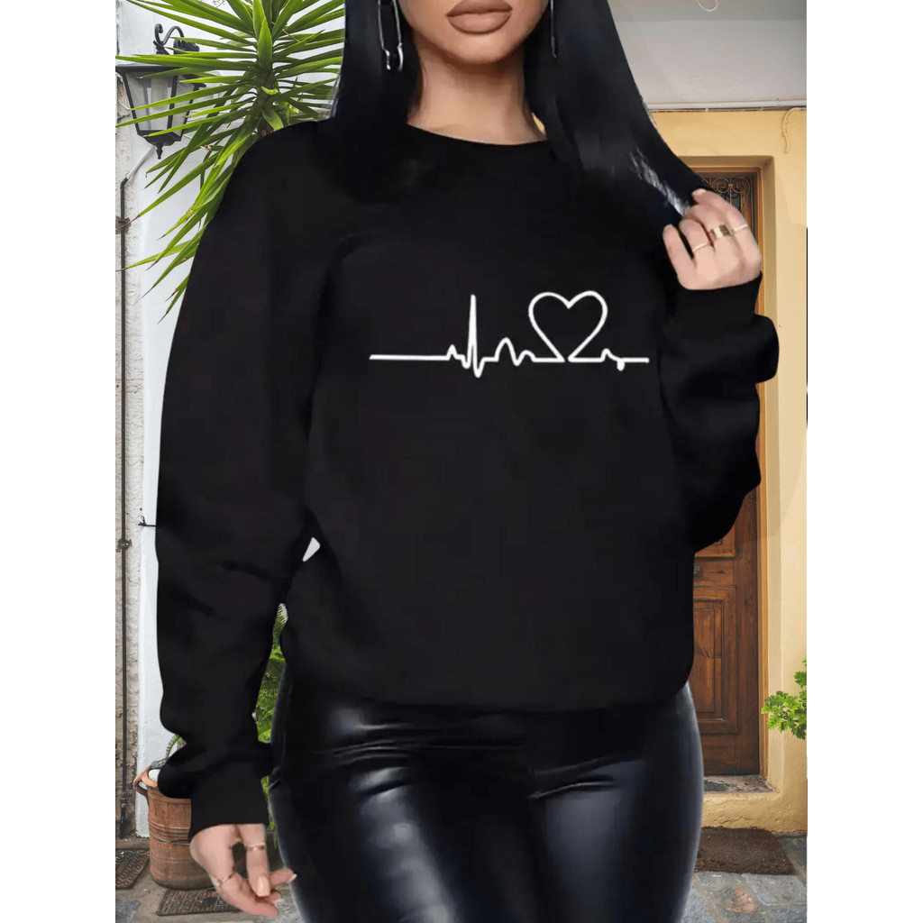Moletom Feminino Cor Preta Gola Careca Estilo Plus Size Modelo: "Batimentos Cardíacos 2" - Lançamen