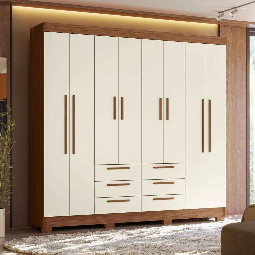 Guarda-Roupa com 8 Portas e 6 Gavetas Paranavaí Off White/Jatobá/Areia