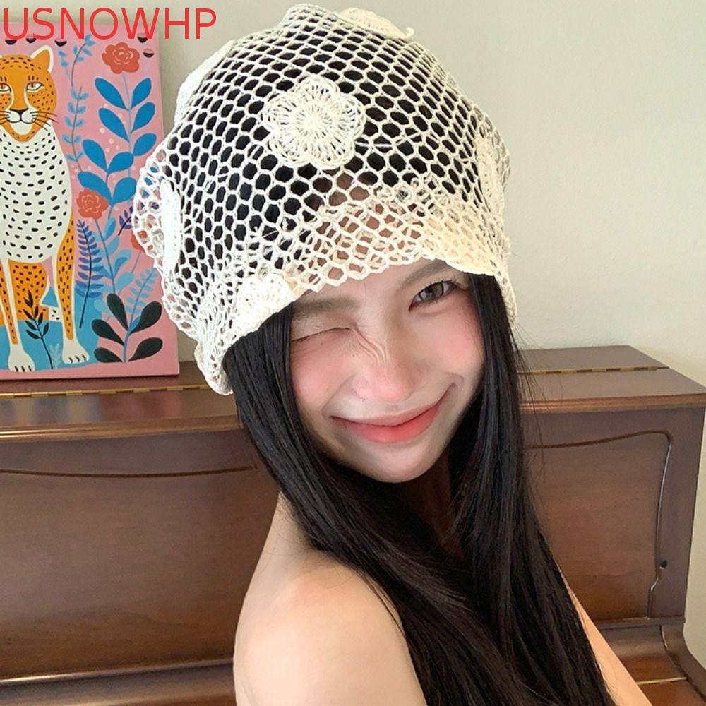 Chapéu De Gorros De Renda USNOWHP , Flor De Crochê Vazado Feito À Mão , Boné Casual Fino Coreano Fofo Ao Ar Livre