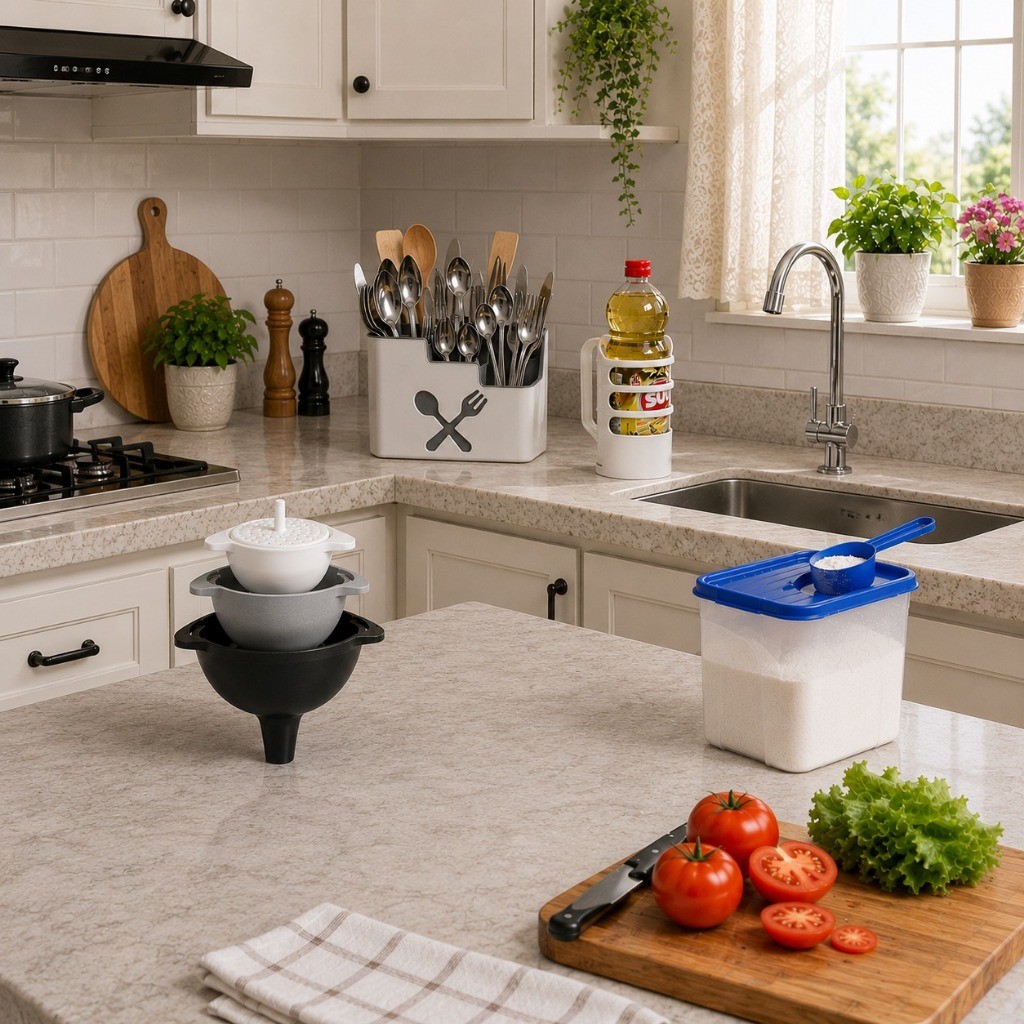Kit Organizador Cozinha Completo Porta Talheres Kit 3 Funil Porta Óleo Porta Sabão Multiuso Premium