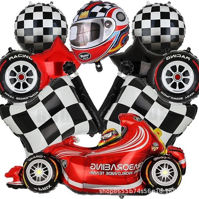 Kit Balões Foil Corrida Capacete de Moto e Bandeira Decoração Festa Aniversário Infantil