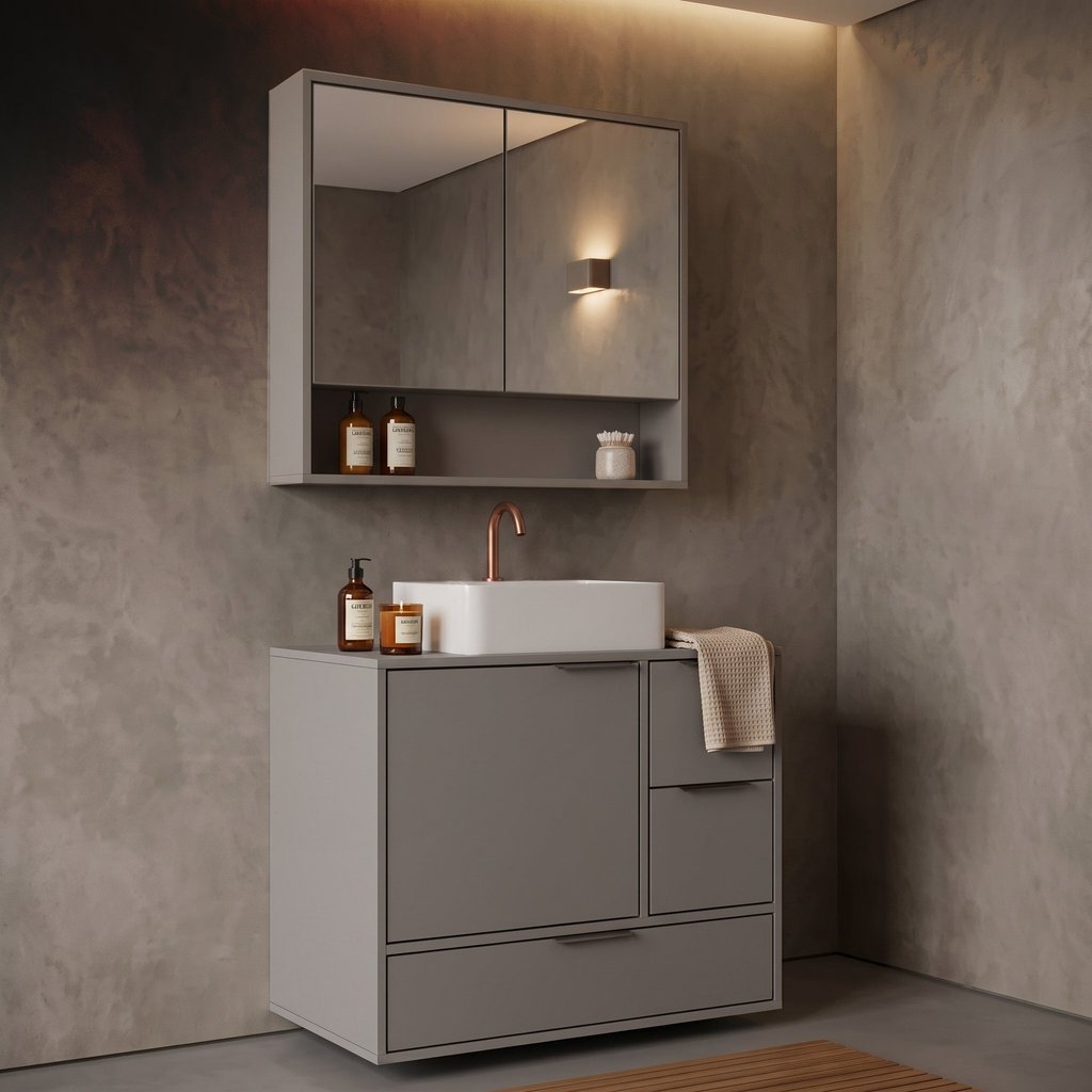 Conjunto Gabinete para Banheiro Modulado 801 80cm Prime Yescasa Cinza/Cimento
