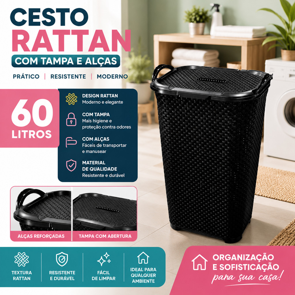 Cesto Roupa Suja Retangular 50 Litros Rattan Tampa Multiuso Flexível Organizador Lavanderia Quarto