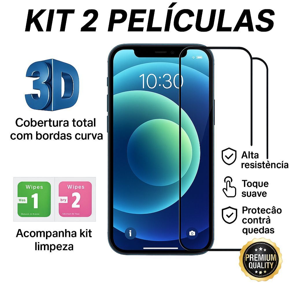Kit 2 Pelicula de Vidro Temperado 3D Película Iphone XR 11 12 13 14 15 16e 17 Air Pro Max Plus 001