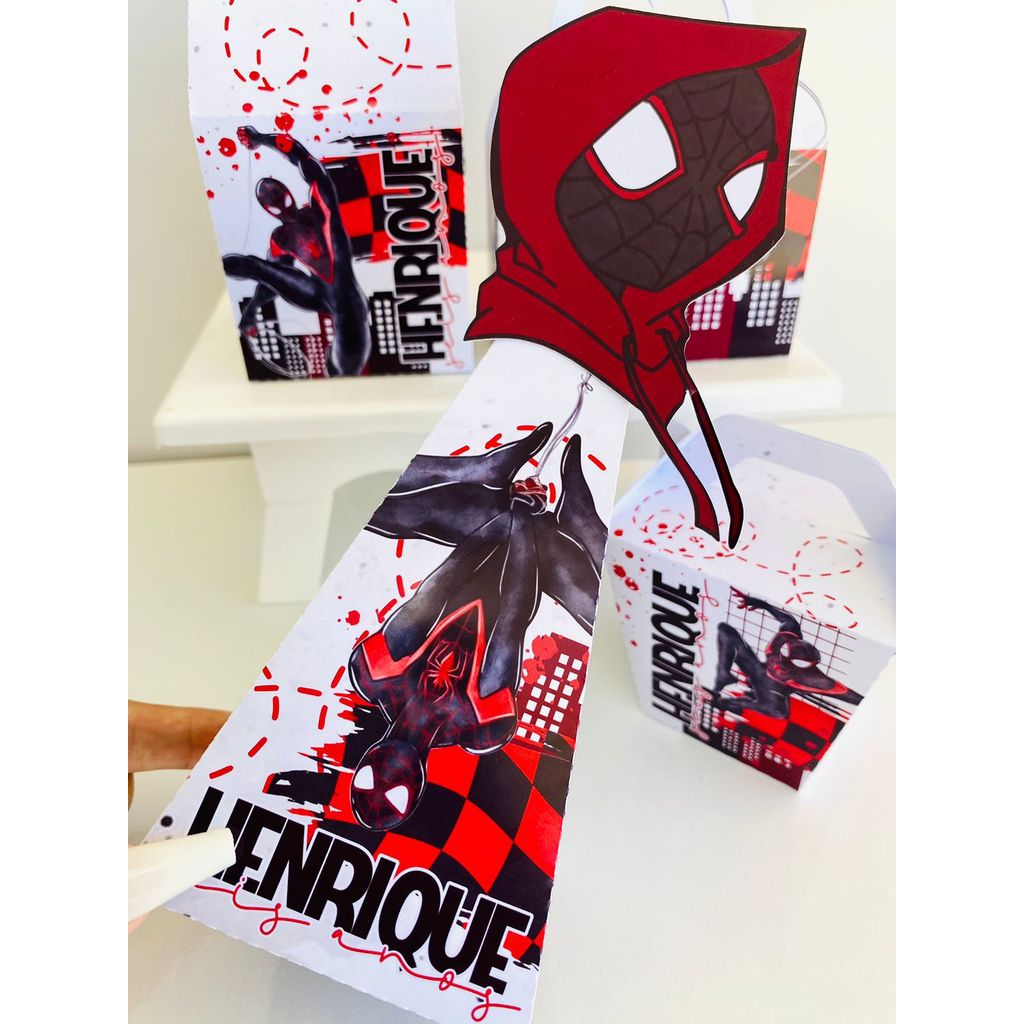Kit Caixinhas Personalizada Spider Man Miles Lembrancinhas de Festa Pegue e Monte Homem Aranha Miles