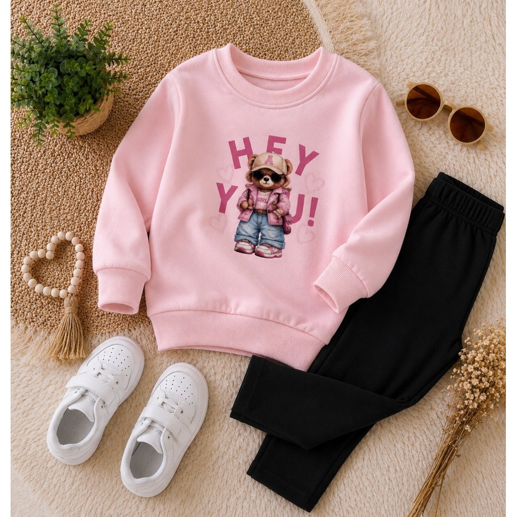 Conjunto Casaco Moletom de Frio Legging Flanelada Infantil Corações Manga Longa Confortável Inverno Moda Bloguerinha