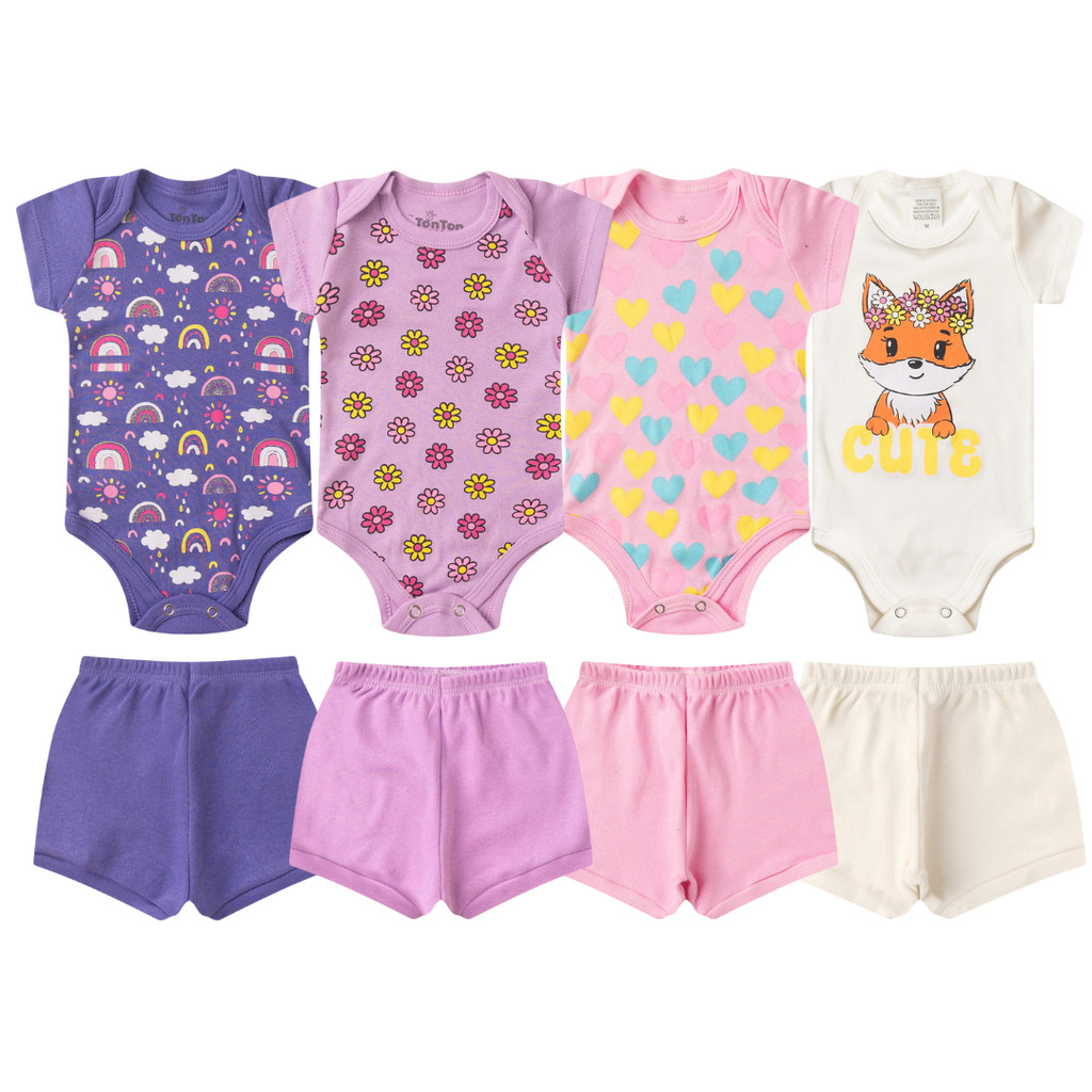 Kit 4 Peças Bebê Menina Verão Premium | 2 Conjuntos Body + Short | Algodão Macio | RN ao GG em Oferta na Shopee